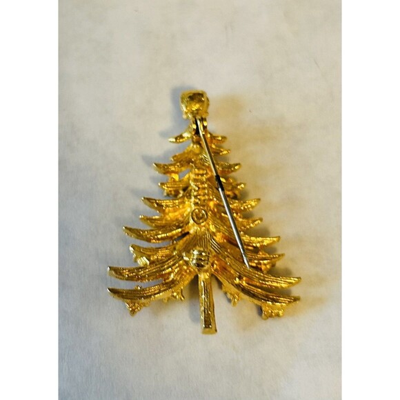 Vintage Signed MLYU Gold Tone Green / Red RhinestonesChristmas Tree Brooch Pin - Picture 2 of 3